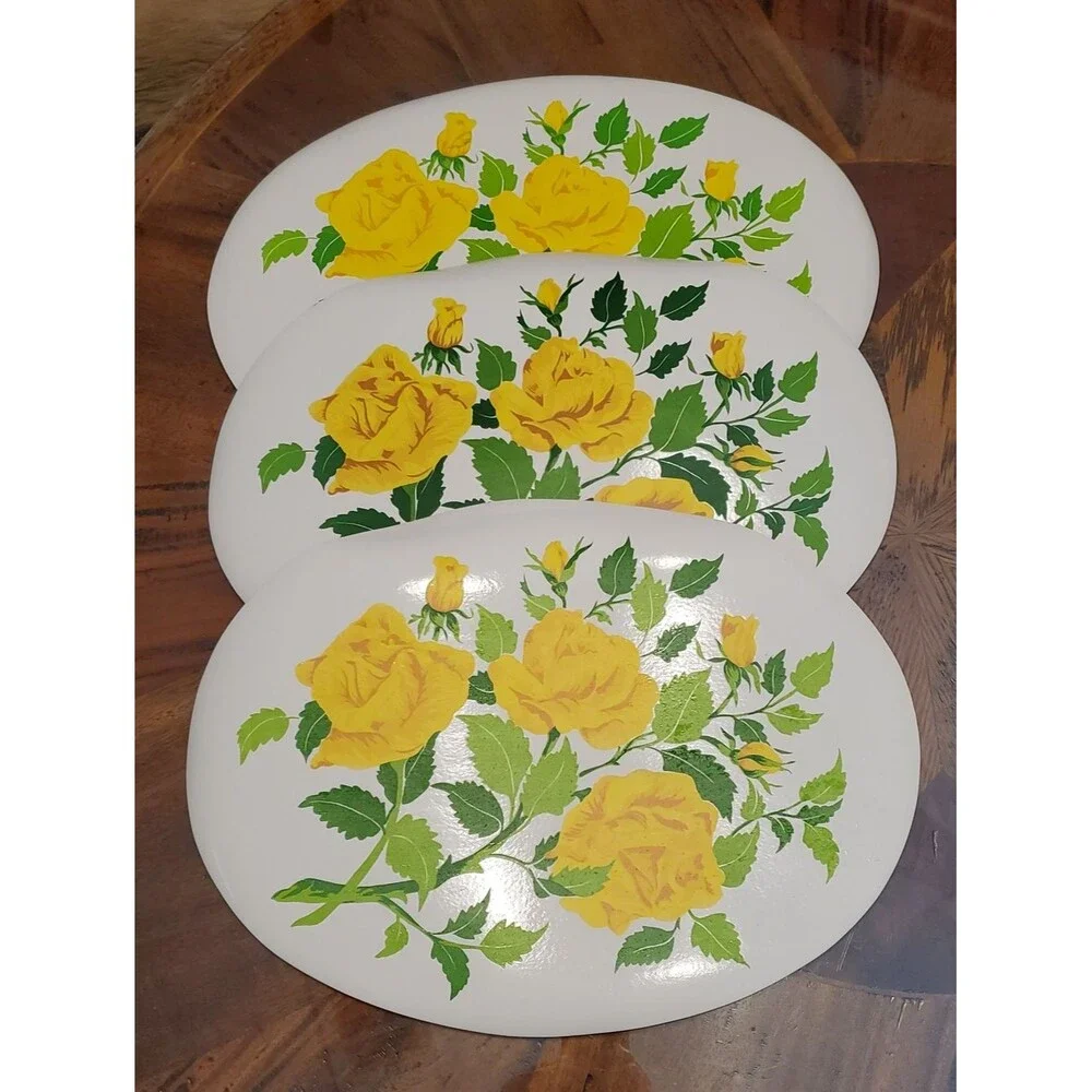 3 Oval Yellow Rose Vinyl Foam Floral Placemats